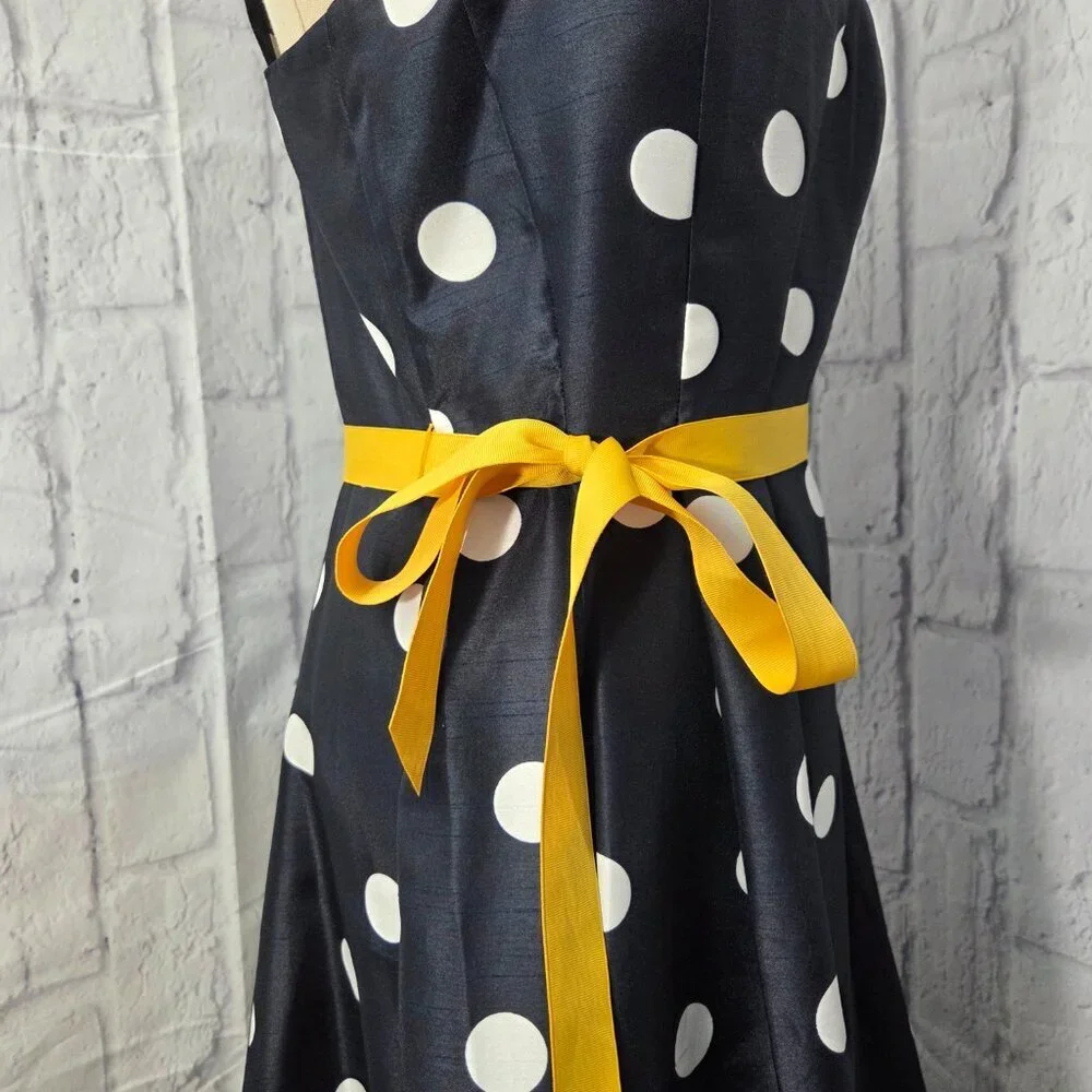Jessica Howard Size 6 Navy White Polka Dot Yellow Bow Retro Sleeveless Dress